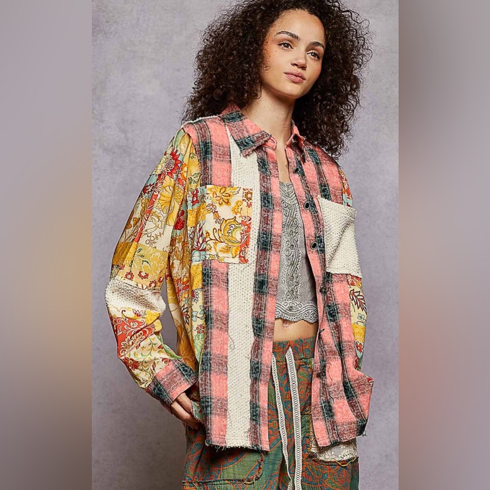 POL Women’s Oversize Patchwork Long Sleeve Plaid Button Down Shirt - Picture 2 of 7
